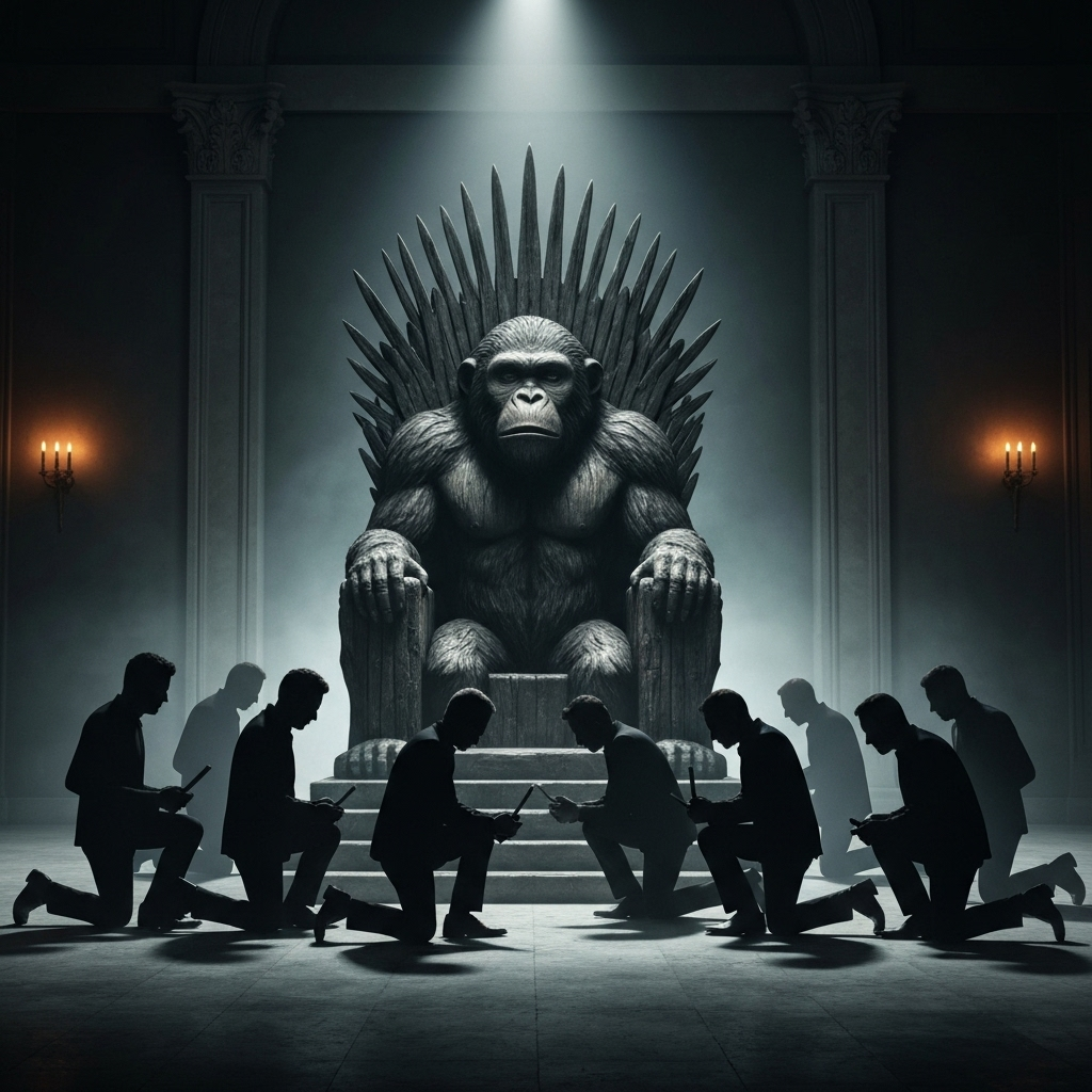 Billionaire silhouettes kneeling before the ape throne