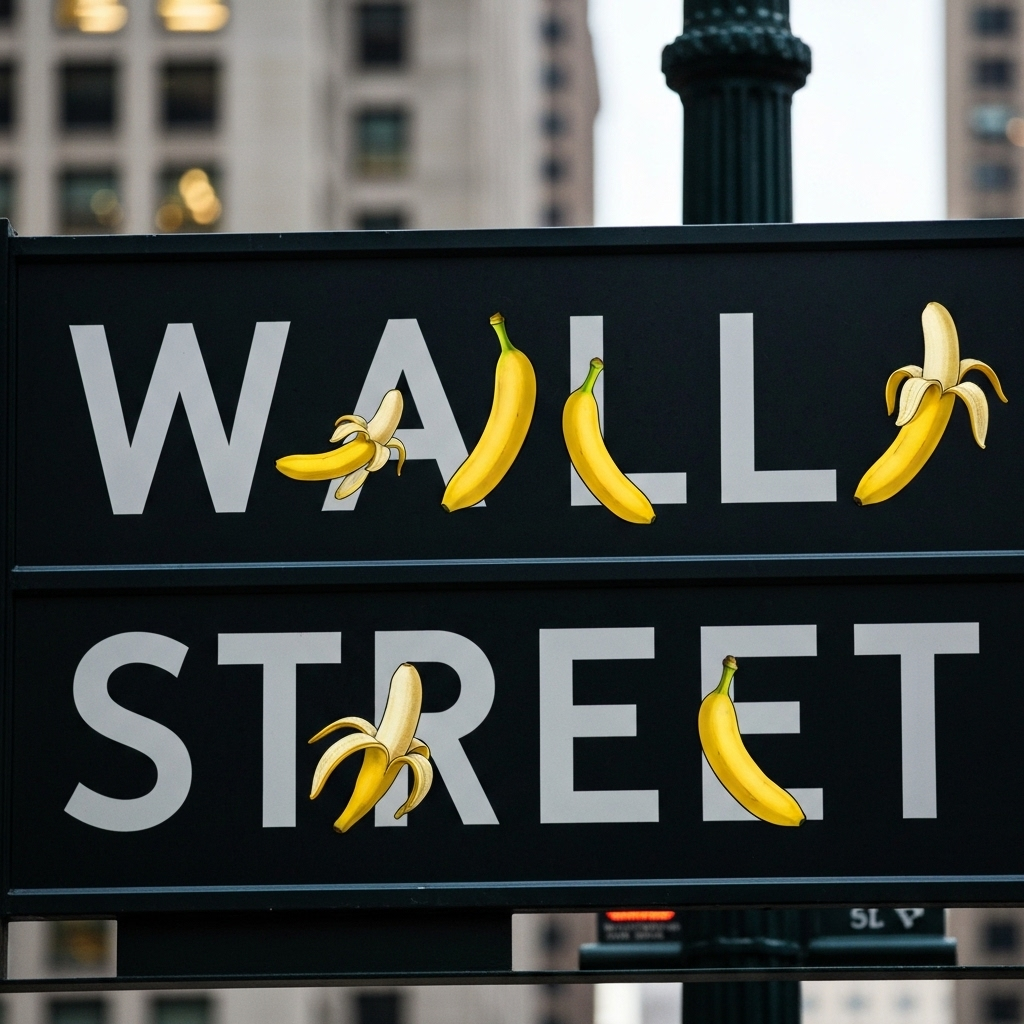 Wall Street sign being transformed with banana symbols
