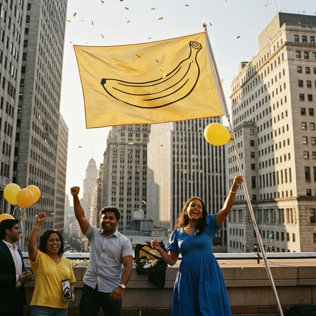 Golden banana flag planted on Wall Street as victory symbol