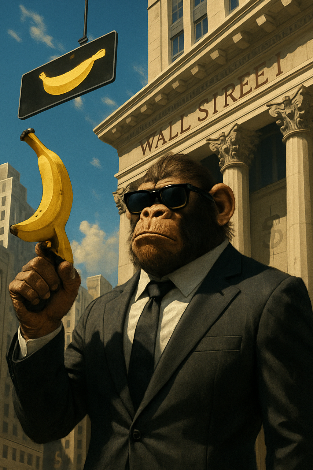 Mafia ape arriving at Wall Street in luxury limousine
