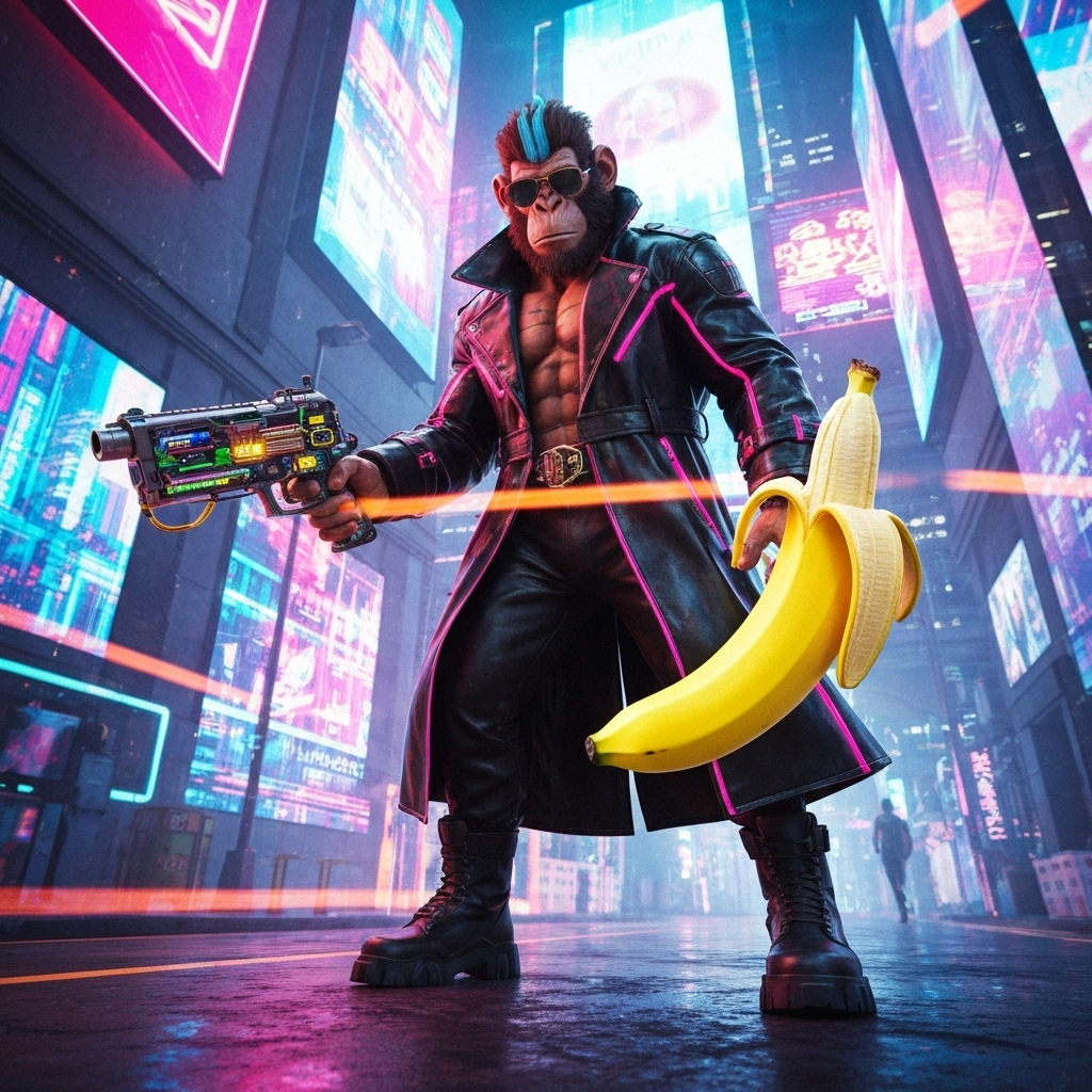 Mafia ape wielding banana guns with neon energy trails