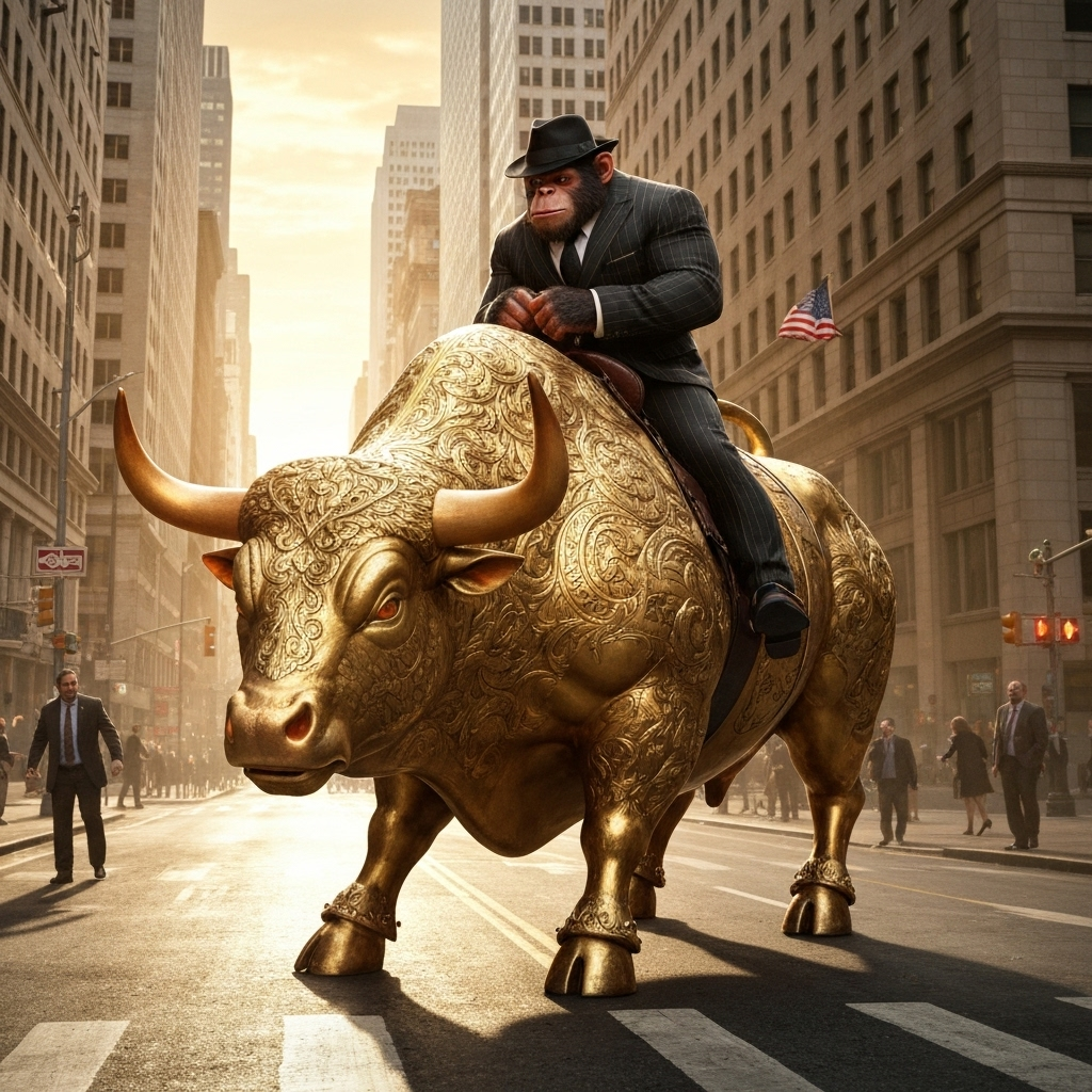 Mafia ape riding a golden bull through Wall Street
